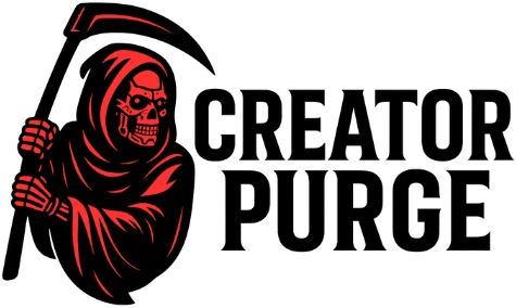 Creator Purge logo featuring AI robotic skeleton grim reaper with scythe symbolizing automated YouTube channel terminations